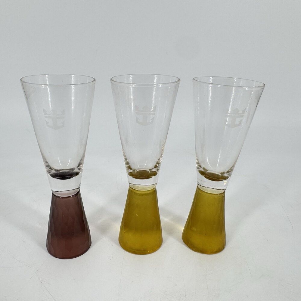 Lot of 3 Royal Caribbean Crown Anchor Tall Shot Glasses Yellow & Purple 5”